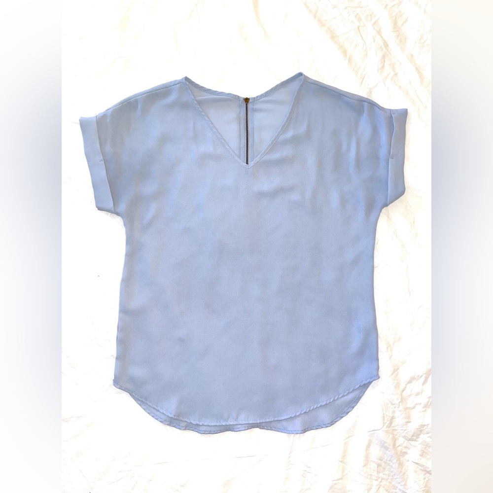 Baby Blue Chiffon Business Casual Layering Short Sleeve Top